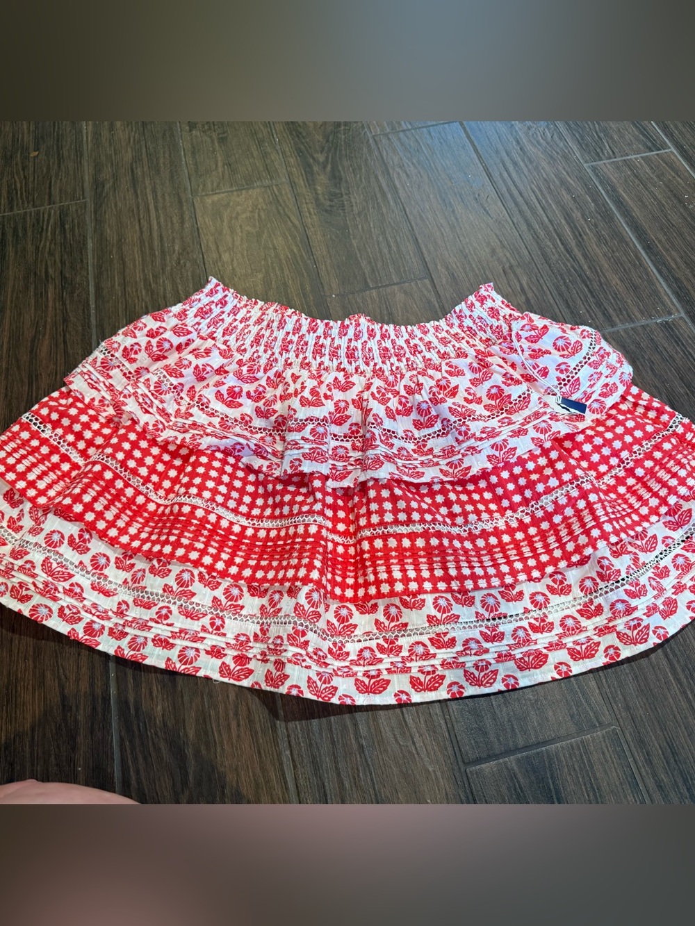 Roller Rabbit Red and White Floral Tiered Smocked Mini Skirt